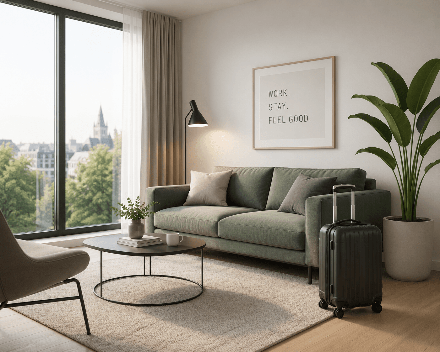Modernes möbliertes Hello-Apartment mit Sofa, Arbeitsplatz und Stadtblick